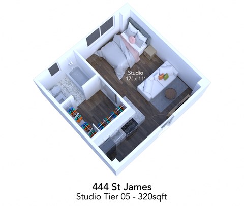 Floor plan for studio, 1 bath, 366 sqft